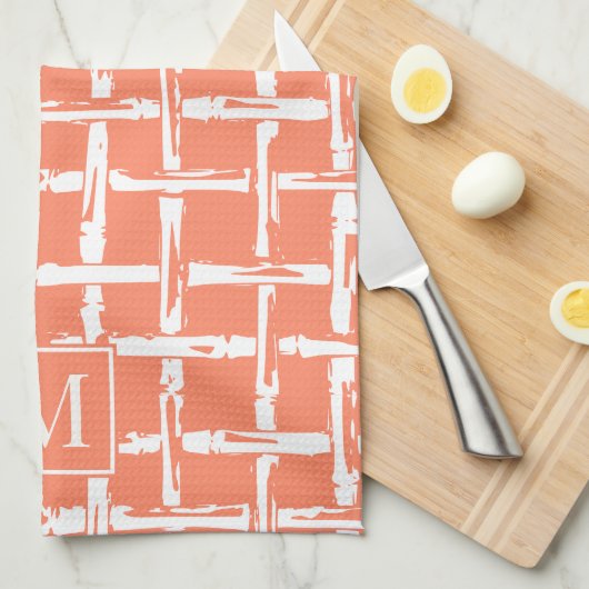 Preppy Bamboo – Coral Coastal Monogram キッチンタオル (四つ折り)