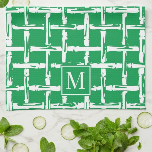 Preppy Bamboo – Green Coastal Monogram キッチンタオル (折り畳み)