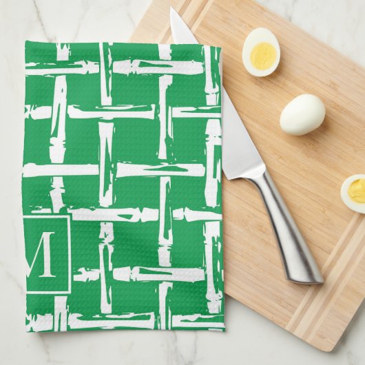 Preppy Bamboo – Green Coastal Monogram キッチンタオル (四つ折り)