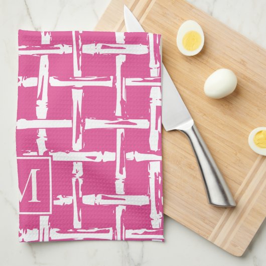 Preppy Bamboo – Hot Pink Coastal Monogram キッチンタオル (四つ折り)