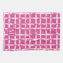 Preppy Bamboo – Hot Pink Coastal Monogram キッチンタオル