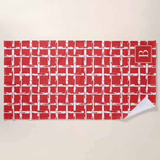 Preppy Bamboo – Red Coastal Monogram  ビーチタオル (正面)