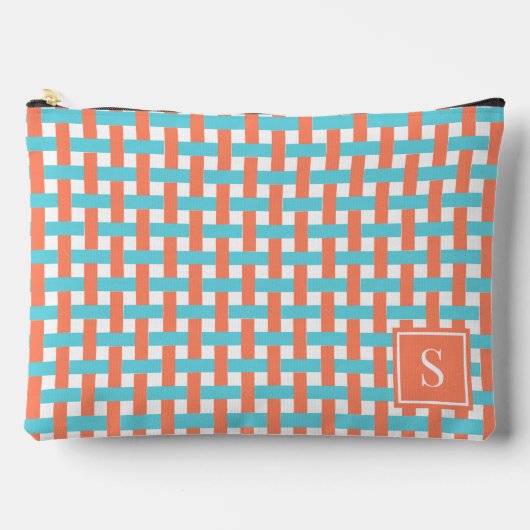 Preppy Basket Weave – Coral & Turquoise Monogram アクセサリーポーチ (正面)