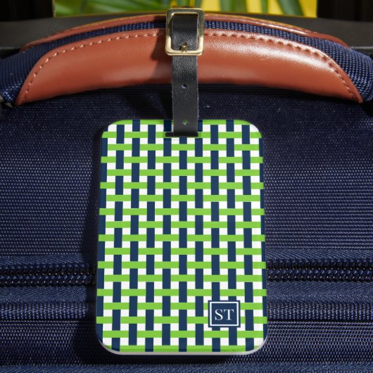 Preppy Basket Weave – Navy & Green Monogram ラゲッジタグ (正面インサイチュ2)