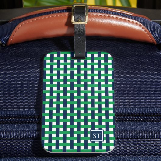 Preppy Basket Weave – Navy & Green Monogram ラゲッジタグ (正面インサイチュ2)