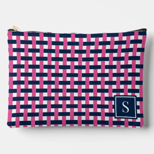 Preppy Basket Weave – Navy & Hot Pink Monogram アクセサリーポーチ (正面)