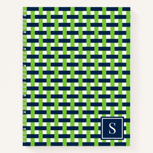 Preppy Basket Weave – Navy & Lime Monogram ノートブック (正面)