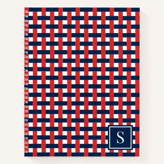 Preppy Basket Weave – Navy & Red Monogram ノートブック (正面)