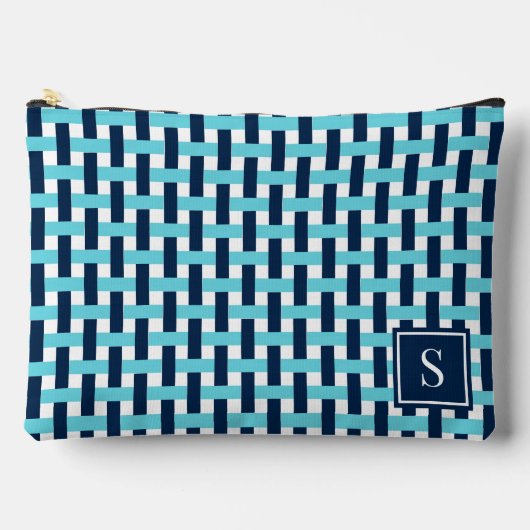 Preppy Basket Weave – Navy & Turquoise Monogram アクセサリーポーチ (正面)