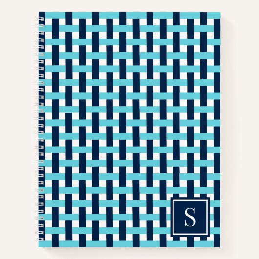 Preppy Basket Weave – Navy & Turquoise Monogram ノートブック (正面)