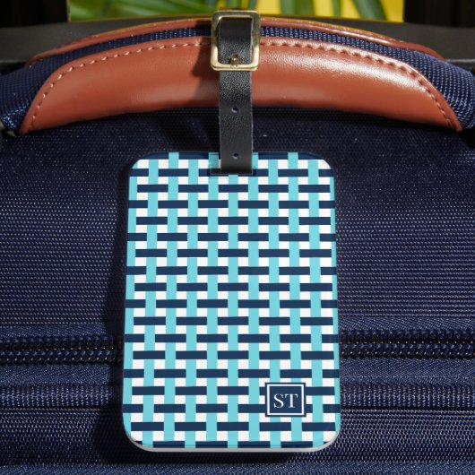 Preppy Basket Weave – Navy & Turquoise Monogram ラゲッジタグ (正面インサイチュ2)