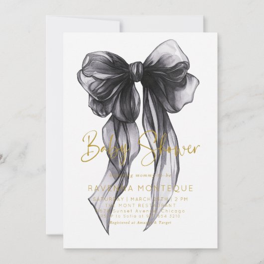 Preppy Black Bow Clean Personalized Baby Shower  招待状 (正面)