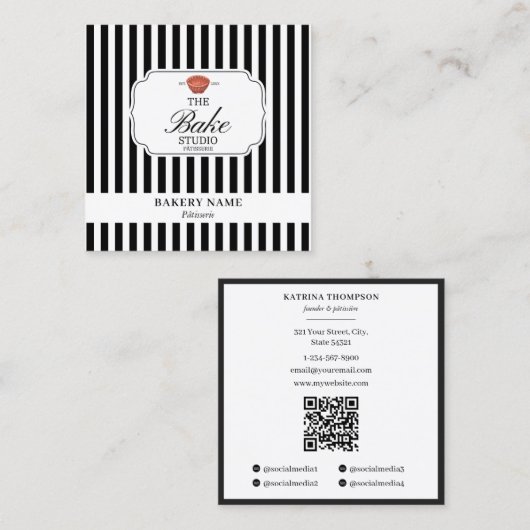 Preppy Black & White Stripes Bakery Logo QR Code スクエア名刺 (正面/裏面)