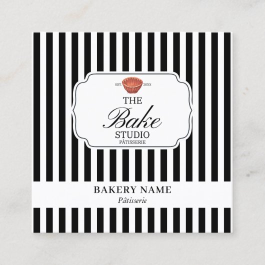 Preppy Black & White Stripes Bakery Logo QR Code スクエア名刺 (正面)
