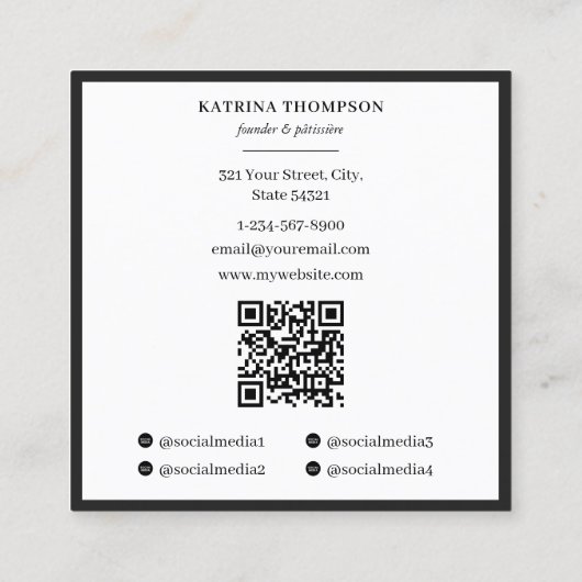 Preppy Black & White Stripes Bakery Logo QR Code スクエア名刺 (裏面)