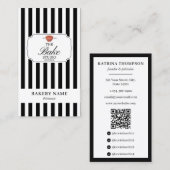 Preppy Black White Stripes Bakery Logo QR Code 名刺 (正面/裏面)