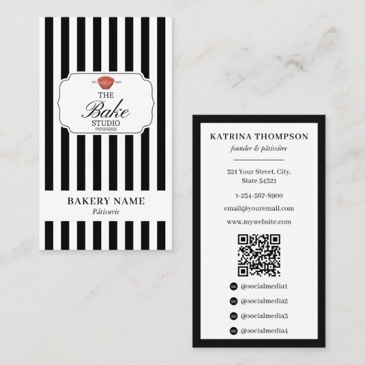 Preppy Black White Stripes Bakery Logo QR Code 名刺 (正面/裏面)