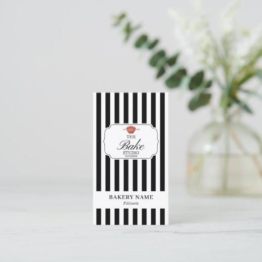 Preppy Black White Stripes Bakery Logo QR Code 名刺 (スタンド正面)