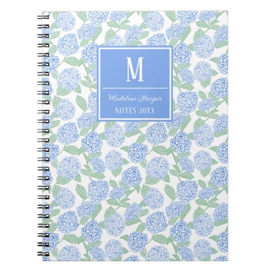 Preppy Blue and Green Hydrangeas Monogram ノートブック (正面)