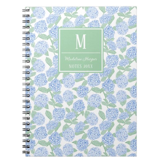 Preppy Blue and Green Hydrangeas Monogram ノートブック (正面)