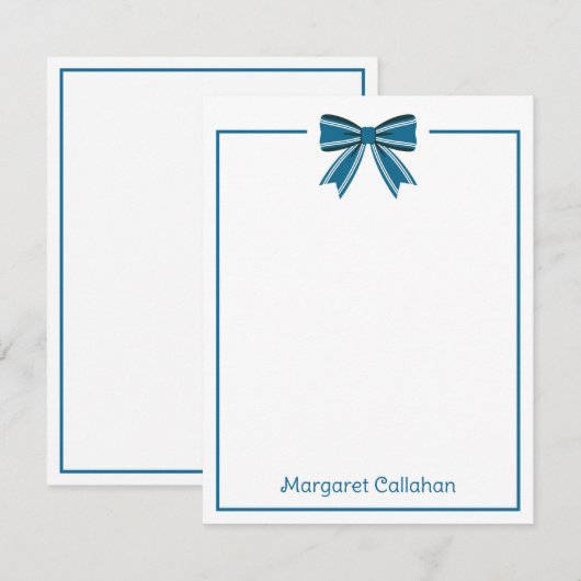 Preppy Blue and White Bow Personalized ノートカード (正面/裏面)