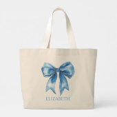Preppy Blue and White Bow Personalized ラージトートバッグ (裏面)