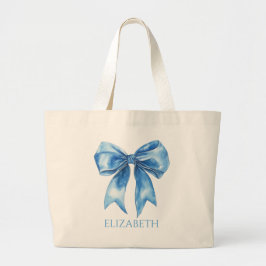 Preppy Blue and White Bow Personalized ラージトートバッグ