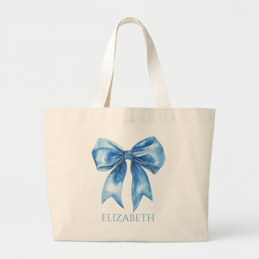 Preppy Blue and White Bow Personalized ラージトートバッグ (正面)