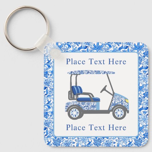 Preppy Blue and White Flowers Golf Cart キーホルダー (正面)