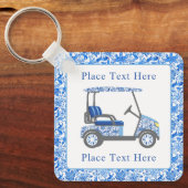 Preppy Blue and White Flowers Golf Cart キーホルダー (正面)