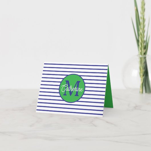 Preppy Blue and White Stripes With Green Monogram ノートカード (正面)