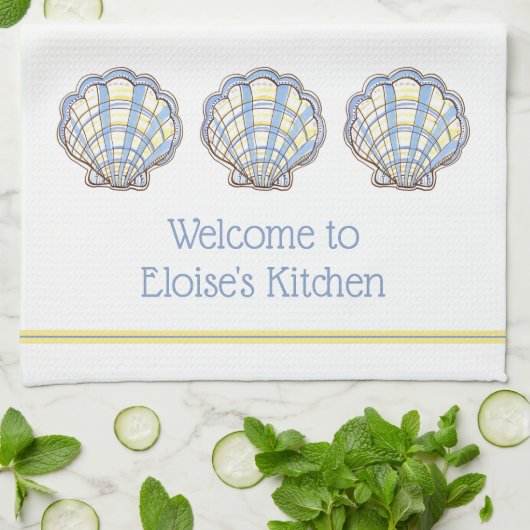 Preppy Blue and Yellow Plaid Scallop Seashell キッチンタオル (折り畳み)