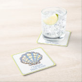 Preppy Blue and Yellow Plaid Scallop Seashell スクエアペーパーコースター (インサイチュ)