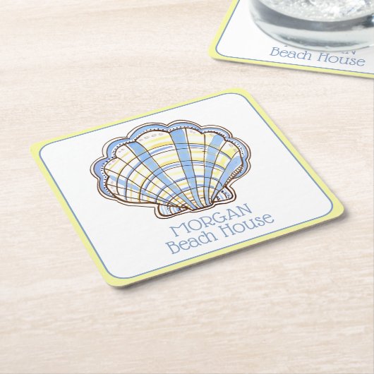 Preppy Blue and Yellow Plaid Scallop Seashell スクエアペーパーコースター (アングル)