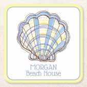 Preppy Blue and Yellow Plaid Scallop Seashell スクエアペーパーコースター (正面)