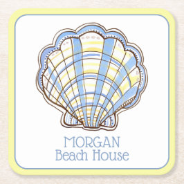 Preppy Blue and Yellow Plaid Scallop Seashell スクエアペーパーコースター