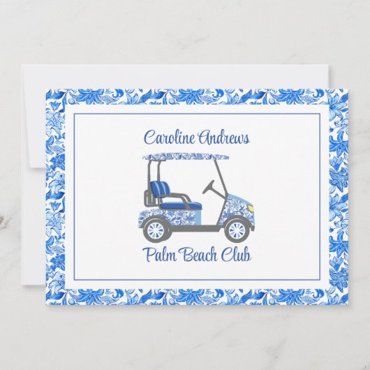 Preppy Blue Flowers Palm Beach Golf Cart サンキューカード (正面)