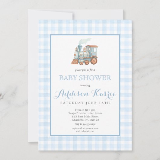 Preppy Blue Gingham Choo Choo Train Baby Shower 招待状 (正面)