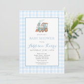 Preppy Blue Gingham Choo Choo Train Baby Shower 招待状 (スタンド正面)