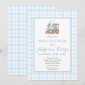 Preppy Blue Gingham Choo Choo Train Baby Shower 招待状 (正面/裏面)