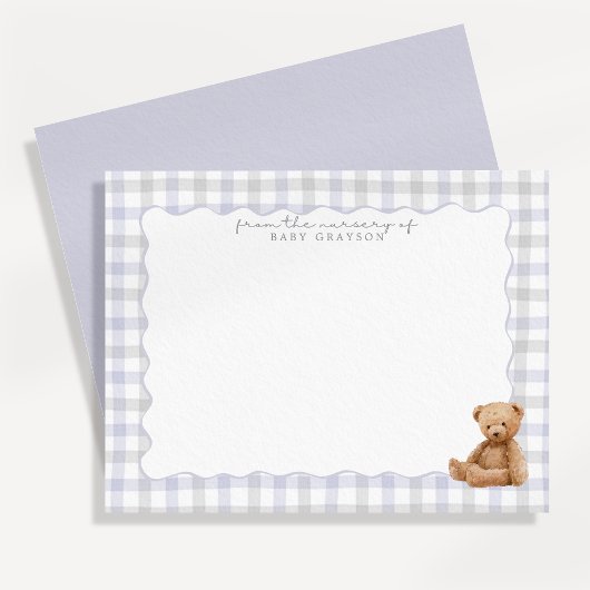 Preppy Blue Gingham Teddy Bear Nursery Note Card 招待状