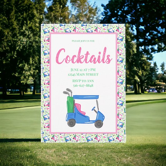 Preppy Blue Golf Cart Cocktail Party Border  招待状