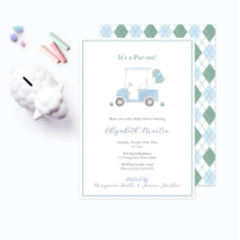 Preppy Blue Green Golf Cart Baby Boy Shower 招待状