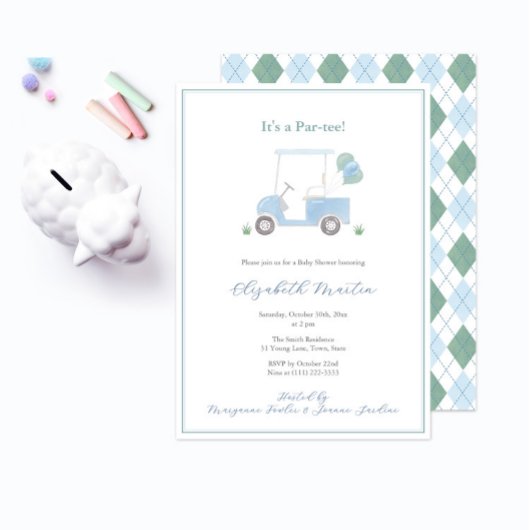 Preppy Blue Green Golf Cart Baby Boy Shower 招待状