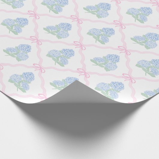 Preppy Blue Hydrangea with Pink Bow Trellis ラッピングペーパー (角)