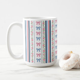 Preppy Blue Pink Bows Florals Striped Coquette コーヒーマグカップ