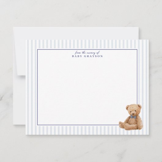 Preppy Blue Striped Teddy Bear Nursery note card 案内状 (正面)