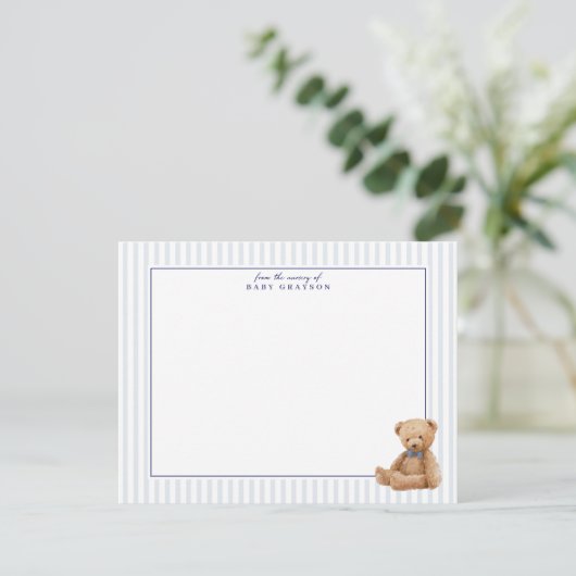 Preppy Blue Striped Teddy Bear Nursery note card 案内状 (スタンド正面)