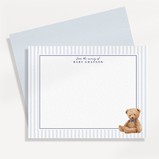 Preppy Blue Striped Teddy Bear Nursery note card 案内状
