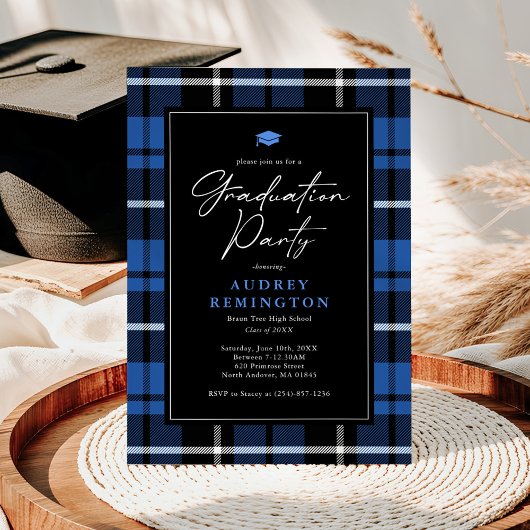Preppy Blue Tartan Graduation 招待状